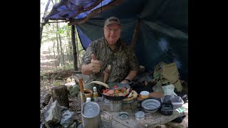 Cowboy Skillet Breakfast at my Bushcraft Lean too Alabama Outdoorsman Woodsman