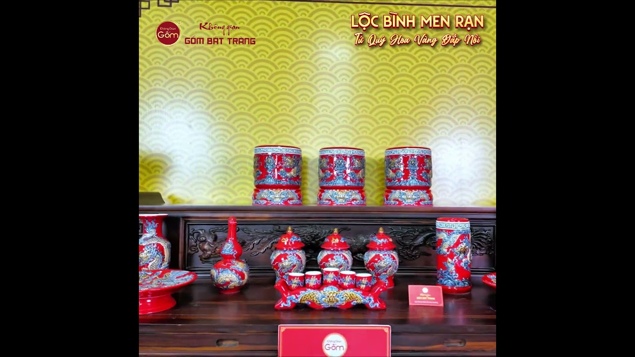 Lộc Bình 1M4 Men Rạn Họa Tiết Tứ Quý Hoa Vàng Đắp Nổi