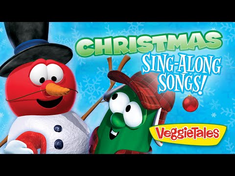 Cartoon red snowman with a blue hat and carrot nose posing with a green veggie wearing a plaid hat; 'Christmas Sing-Along Songs!' VeggieTales background