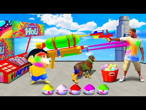 SHINCHAN & FRANKLIN CELEBRATED HOLI WITH GIANT WATER GUNS, COLORS & WATERSLIDE IN GTA 5