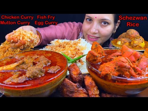 Eating Spicy🔥 Mutton Curry, Spicy Chicken Curry, Spicy Fish Fry, Spicy Egg Curry, Schezwan Rice Asmr