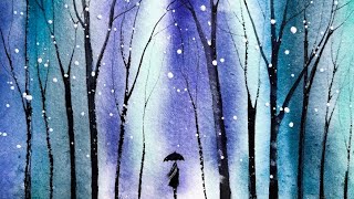 Winter Watercolor Painting | Simple Snowy Forest & Girl with Umbrella
