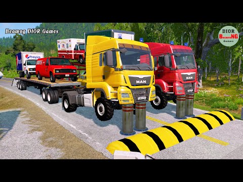Double Flatbed Trailer Truck vs speed bumps|Tractor vs Train|Beamng Drive|251
