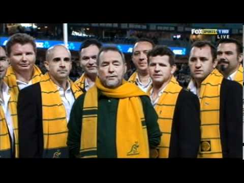 The OBRC sing True Blue with John Williamson at ANZ Stadium