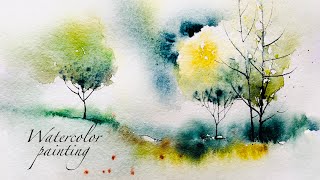 landscape painting tutorial . beautiful trees . watercolor painting for beginners