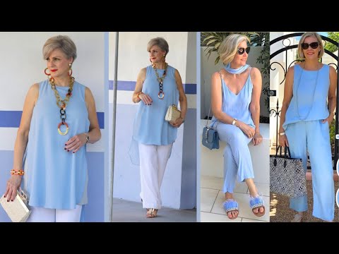 Cómo vestir con estilo usando looks para mujeres de 50 y 60 años en tonos azul claro ✨💯