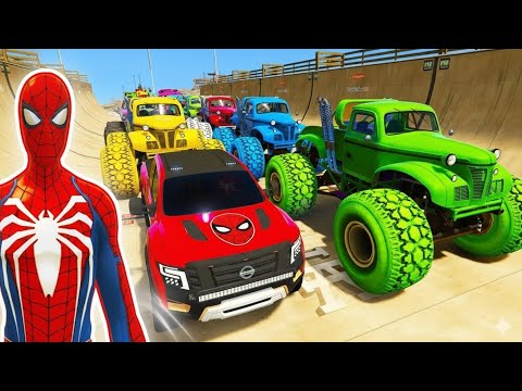 SPIDERMAN CARS Monster Trucks Mega Rampa Challenge ! SUPERHERO HULK Iron Man Goku Racing 