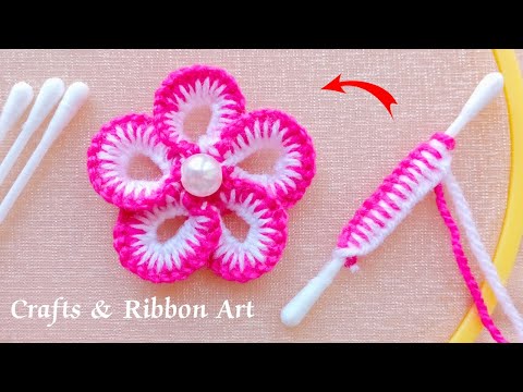 Amazing Woolen Flower Making Ideas with Cotton Buds - Hand Embroidery Easy Trick - DIY Woolen Flower
