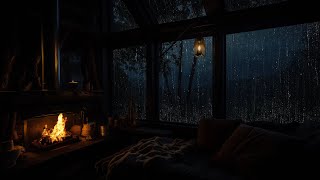 Rainy Forest Cabin with Fireplace Crackling | Deep Sleep Ambience with Rain Sounds