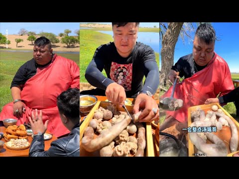 Mongolians Enke and Gazi eating mutton sausages by the river! #camping #cooking #village #mongolia