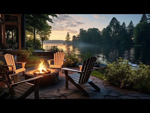 Morning in Lakeside Porch | Cozy Ambience with Fire, Birdsongs and Relaxing Lake Waves Sounds