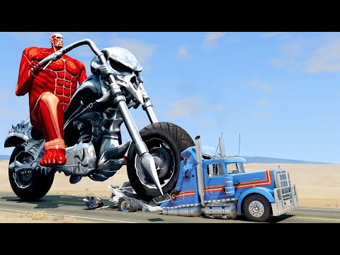 Colossal Titan on a motorcycle vs Cars and Trucks on Road | BeamNG.Drive