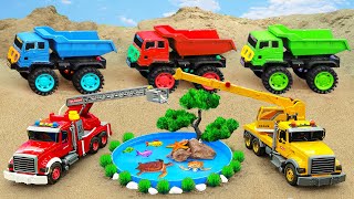Rescue police car, excavator, fire truck - rescue the cow in the lake