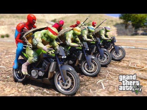 SPIDERMAN ARMY VS TEENAGE MUTANT NINJA TURTLES (TMNT) MOTORCYCLES MOUNTAIN RACE - GTA V MODS