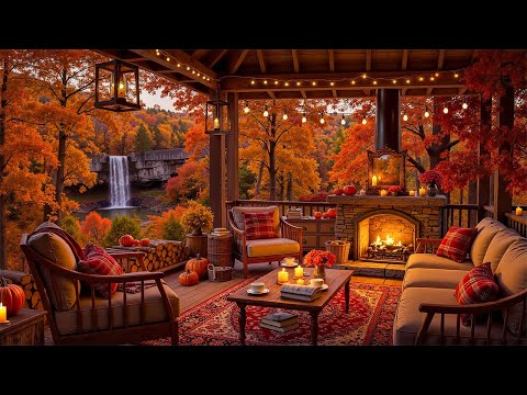 Relaxing Autumn Morning in the Forest Porch Ambience🍁Soft Piano Jazz & Fireplace Glow for Relaxation