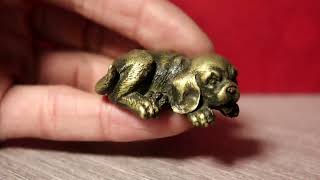 Solid Brass Dog Figurine Puppy Small Animal Statue Miniature Tea Pet Ornament