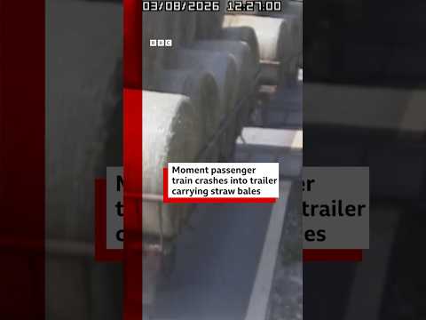 Moment passenger train crashes into trailer carrying straw bales. #Poland #BBCNews