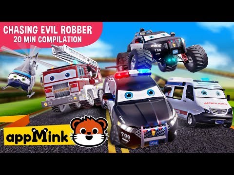 #appMink kids cartoon – Police Car, Fire Truck & Garbage Truck Chasing Evil Bus