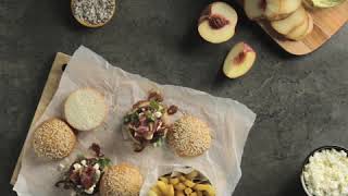Americana mini beef burger with beef bacon and peaches