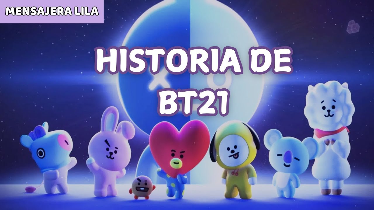 The eight BT21 characters KOYA RJ Shooky Mang Chimmy Tata Cooky and Van arranged together with BTS members in a promotional photo for the BT21 universe