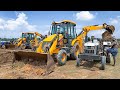 Bull SD76 And Jcb 3dx Backhoe Loader Loading Mud In Many Tractor In Village Pond