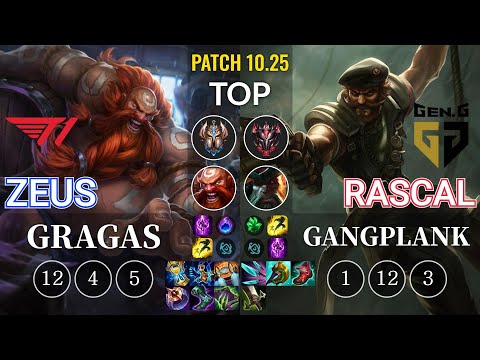 T1 Zeus Gragas vs GEN Rascal Gangplank Top - KR Patch 10.25