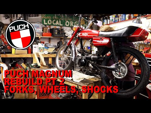 Puch Magnum XK Moped Rebuild Series Part 2 (Five Star Mag Rims, New Shocks, Change Tires, EBR Forks)