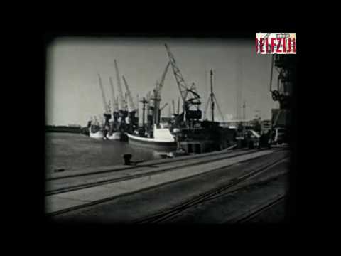 Je ziet hier de haven van Delfzijl in 1965. Er worden allerlei producten gelost