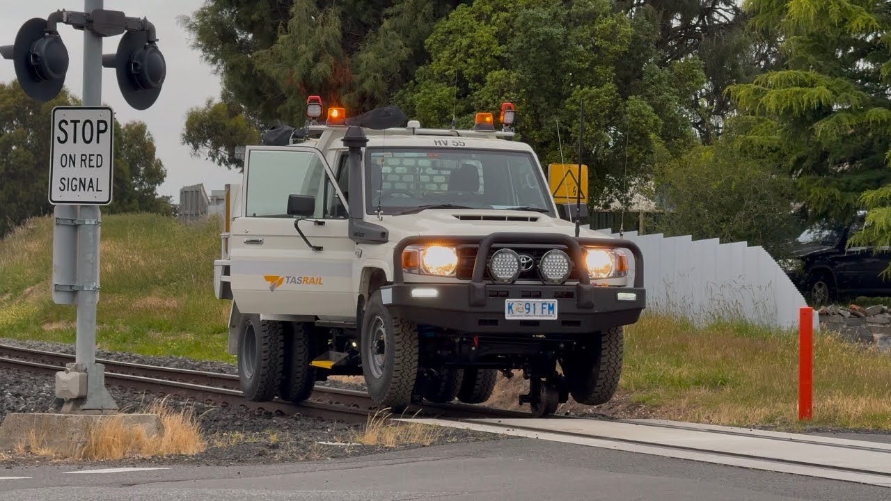 TasRail HV55 Hi Rail truck crossing Arthur Street Perth
