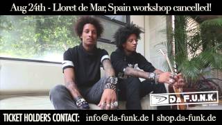 Les Twins DA FUNK Summer Camp announcement: August 24 workshop canceled