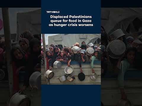 Displaced Palestinians queue for food in Gaza as hunger crisis worsens