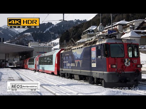 2019-1-30 [4K] Bahnhof Disentis, the Glacier Express arrives! - Shunting RhB & MGB winter sun in 4K!