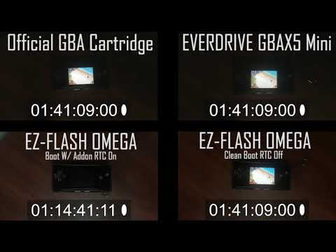 Everdrive GBAX5 Mini + EZ-Flash Omega RTC On/Off + Official Cartridge Battery Life Comparison