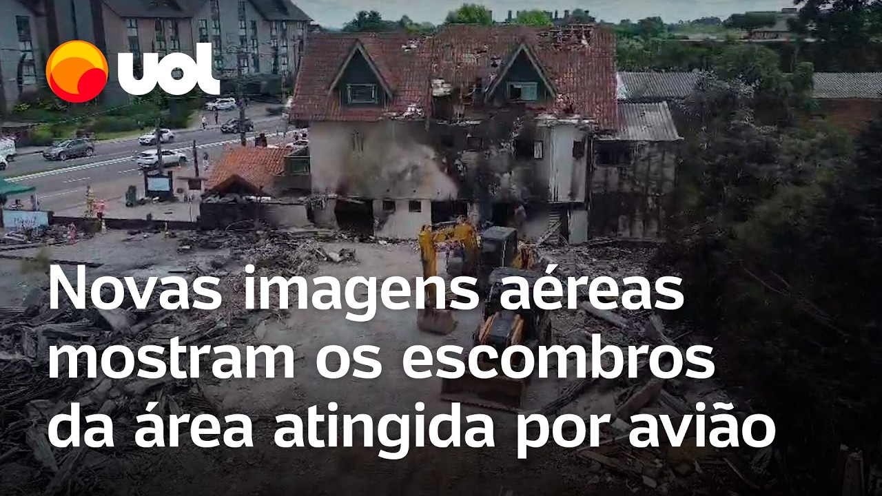 Novas imagens aéreas mostram escombros da área devastada pelo avião que caiu em Gramado, no RS