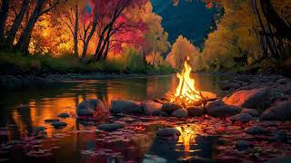 Serene Fall Evening by the River | Cozy Campfire and Flowing Water Ambience