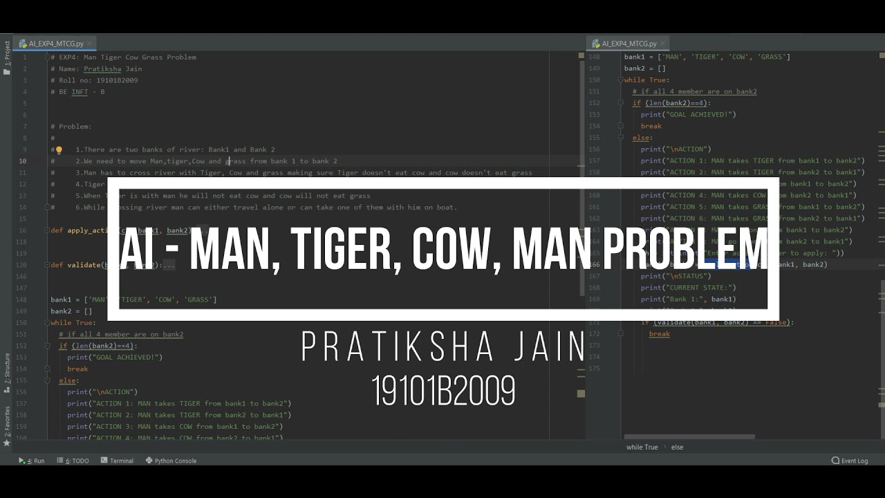 EXP4 - Artificial Intelligence | Man, Tiger, Cow, Grass Python Code | Pratiksha Jain