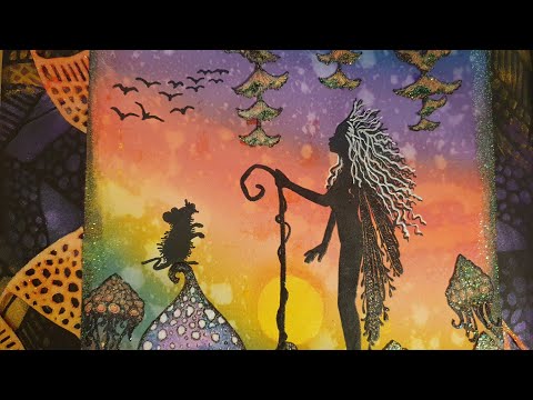 A mixed media, art journaling page with #lavinia stamps and stecil along with Distress Oxide Inks