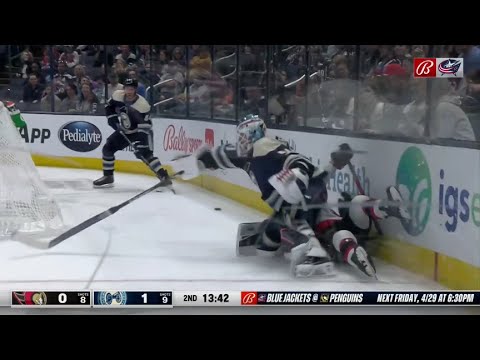 Elvis Merzļikins almost got ran over by Parker Kelly