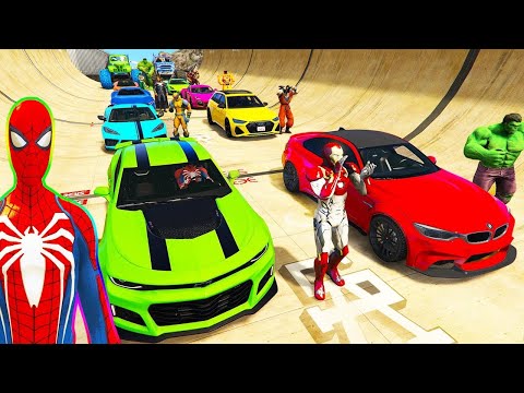 SPIDERMAN CARS Racing MEGA Ramp Challenge ! SUPERHEROES HULK Vs GOKU Epic Stunt FAST Race - GTA 5
