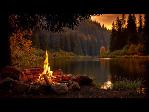 You’re Sitting by a Campfire at Sunset 🍁🔥 Gentle Lake Sounds & Autumn Evening Ambience