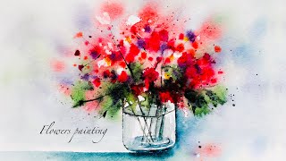 painting red flowers in pots . watercolor painting technique