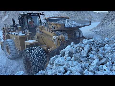 Caterpillar 992K Wheel Loader Loading Caterpillar 777F Dumpers In Huge Quarry 4K - Interkat SA