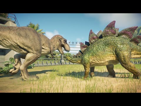 T-Rex vs Stegosaurus Battle - JWE Dinosaur Battle Fight - Jurassic World Evolution 2