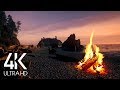 (8 Hours) 4K Campfire On Beach - Crackling Fire with Ocean Waves Sounds