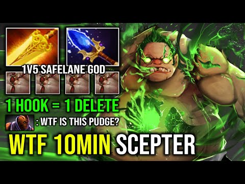 WTF 10MIN SCEPTER 1v5 Safelane Pudge Magnet 1 Hook = 1 Delete Radiance Burn DPS Dota 2
