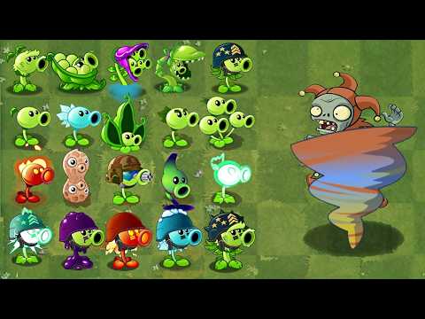 Pvz 2 Challenge - All Pea & Mega Plants Vs Jester Zombie (Normal & Power Up Attack)