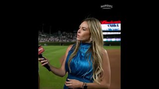 Taylor McGregor in a satin dress catches a bit of the Gatorade bath (8-16-2023)