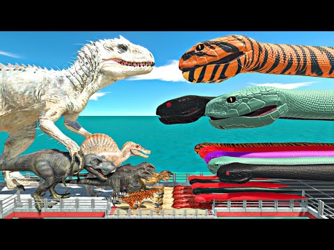 Dinosaurs Bridge Challenge | Giant Snake Team vs Indominus Rex - Animal Revolt Battle Simulator