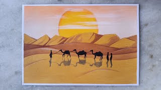 Desert scenery with coloured pencils | How to draw desert scenery step by step