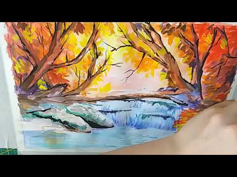 Peisaj de toamna in acuarela, pictura cu cascada si padure - How to paint Autumn Watercolor Painting
